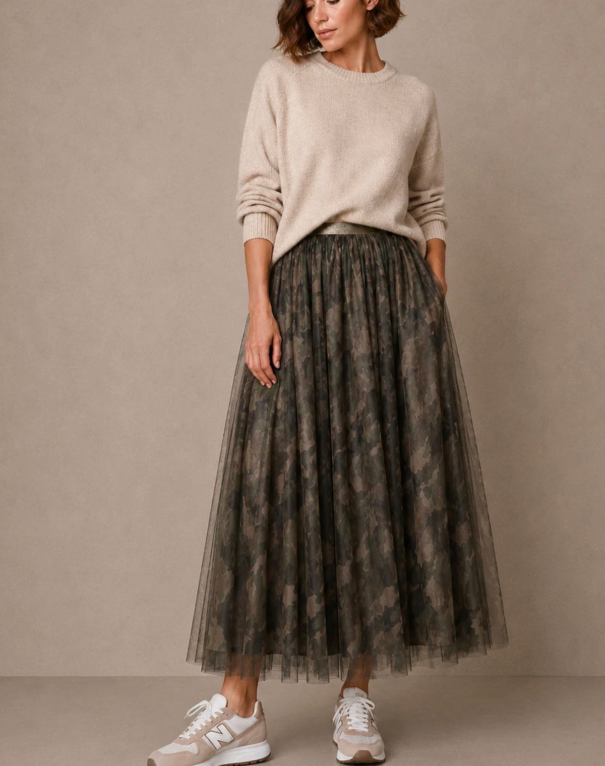 Camouflage Midi Tulle multi-layer Skirt in Khaki