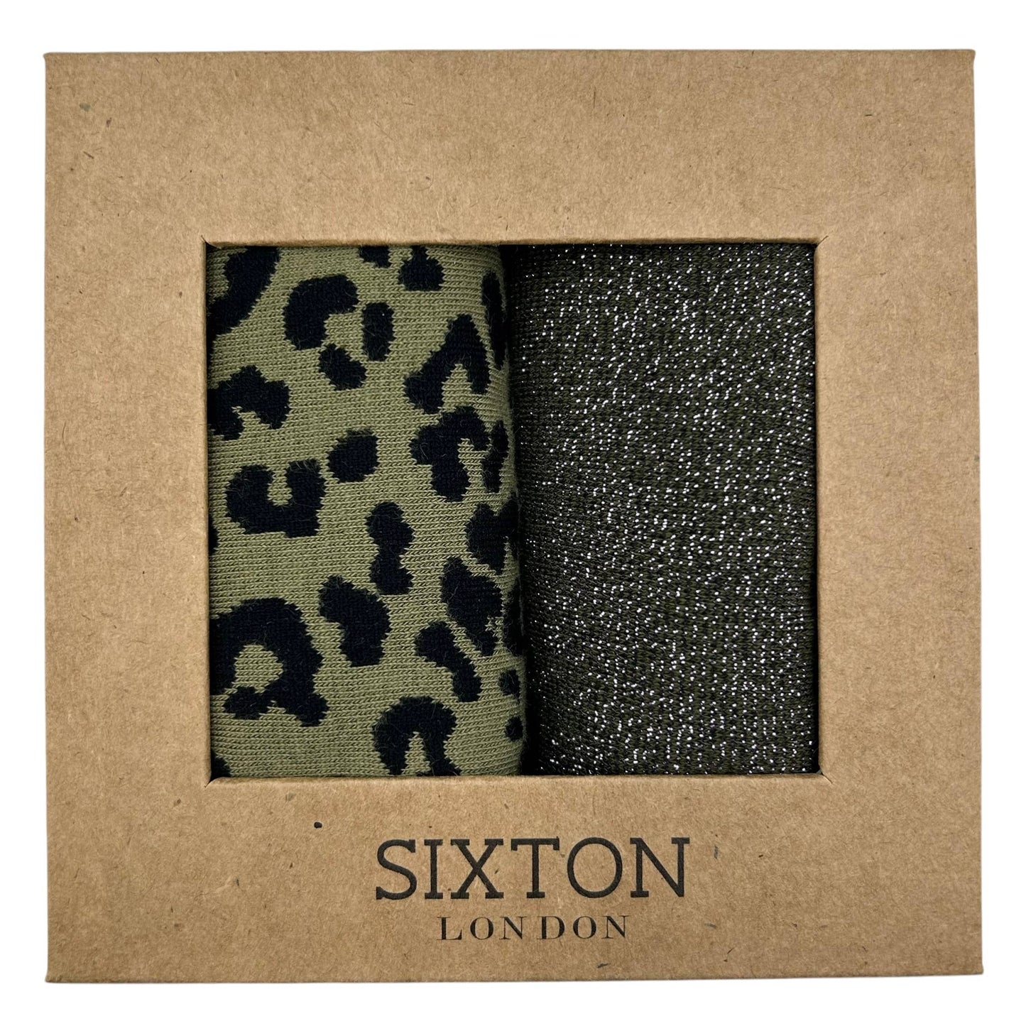 A gift box containing two pairs of Sixton London socks, one with an ivy leopard print and the other with a Tokyo sock design.