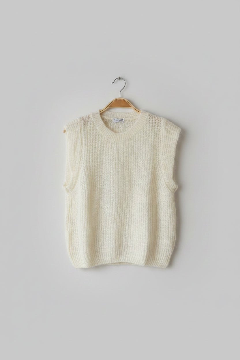 Exaggerated Shoulder Ribbed Knit Vest in Cream