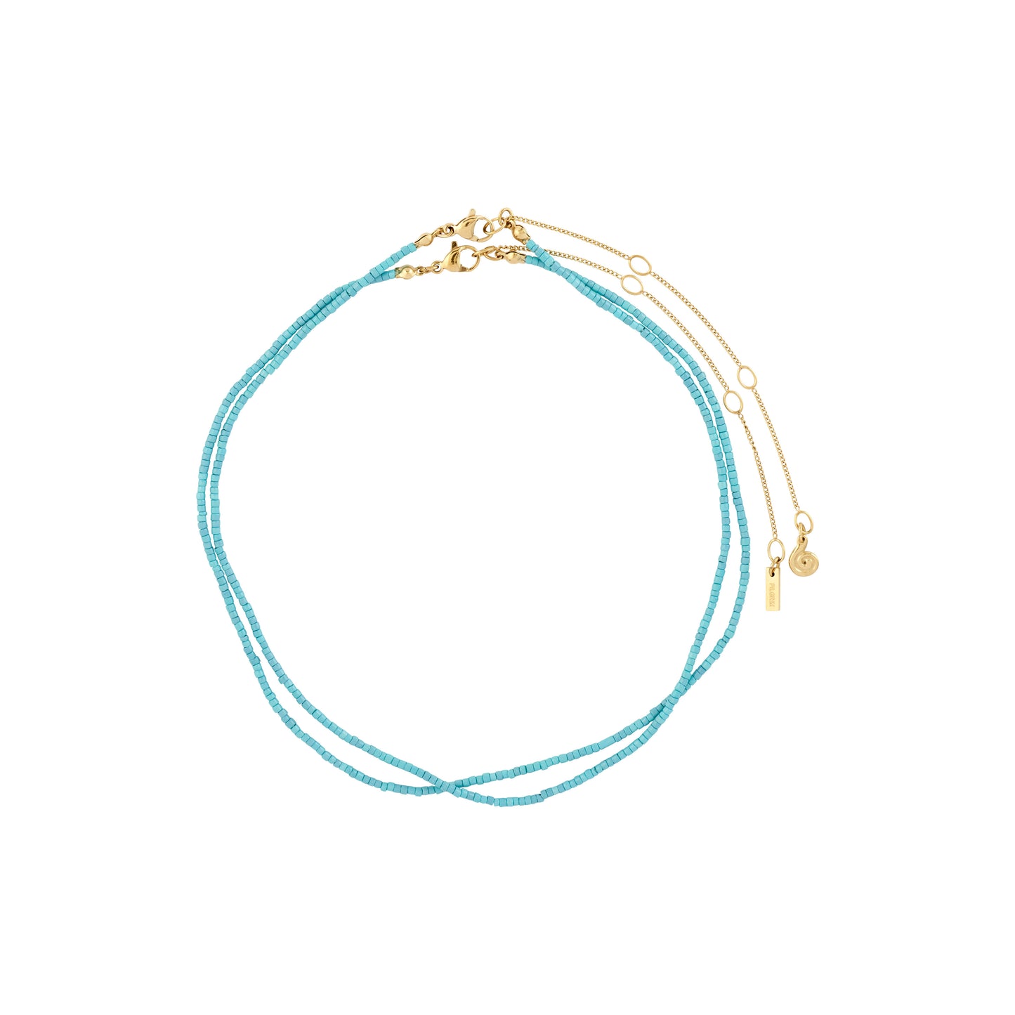 Turquoise beaded necklace with gold clasp on a white background