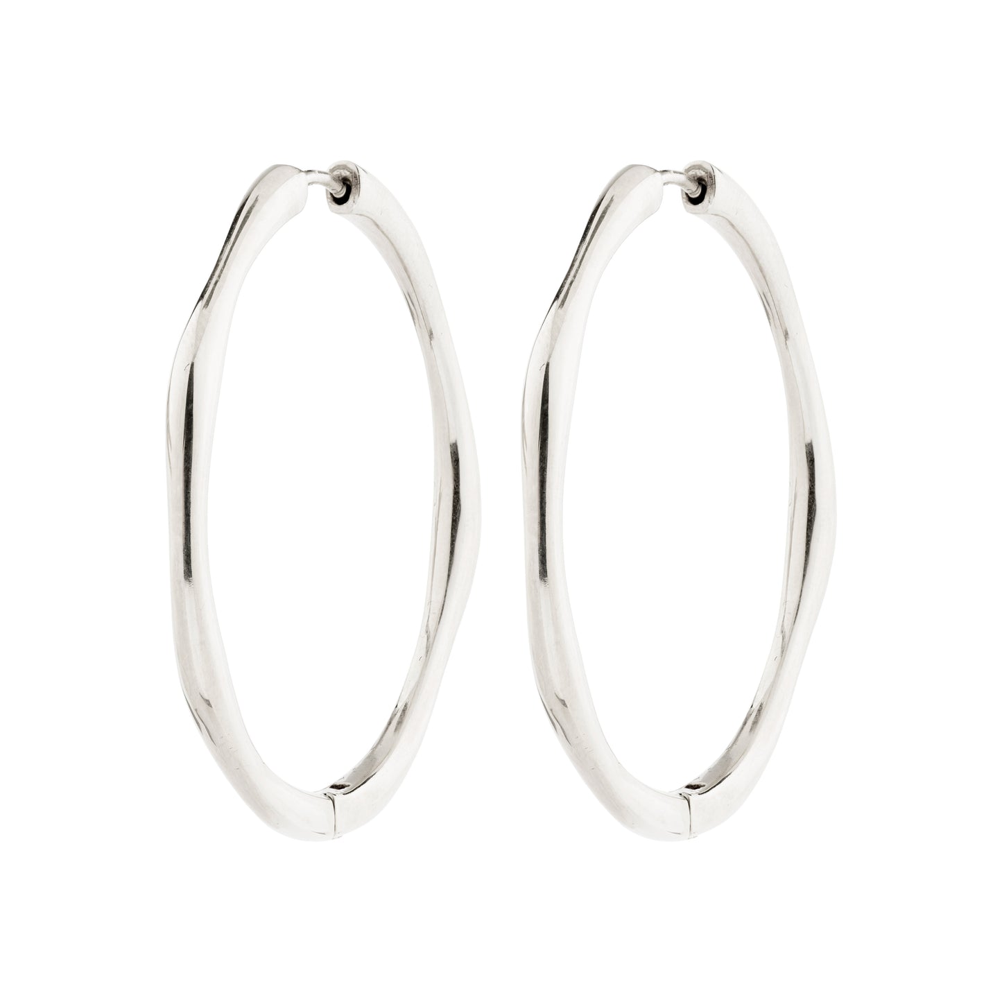 Pair of silver hoop earrings on a white background