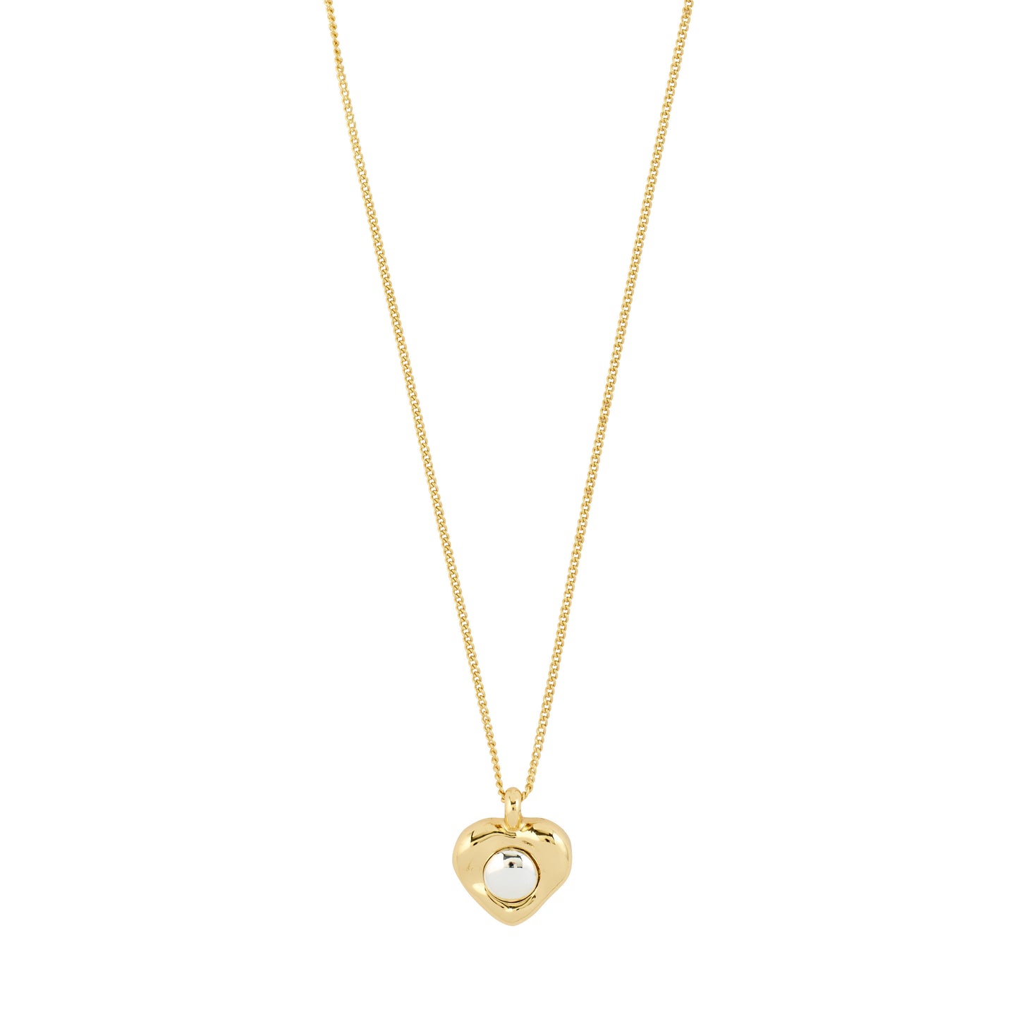 Gold necklace with a heart-shaped pendant on a white background