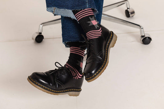 Black & Beech - Patchwork Folk Socks: Charcoal & Pink