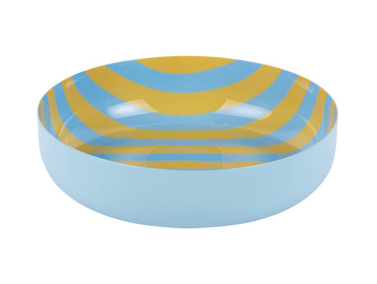 Round ceramic dish with blue and yellow striped pattern on a white background