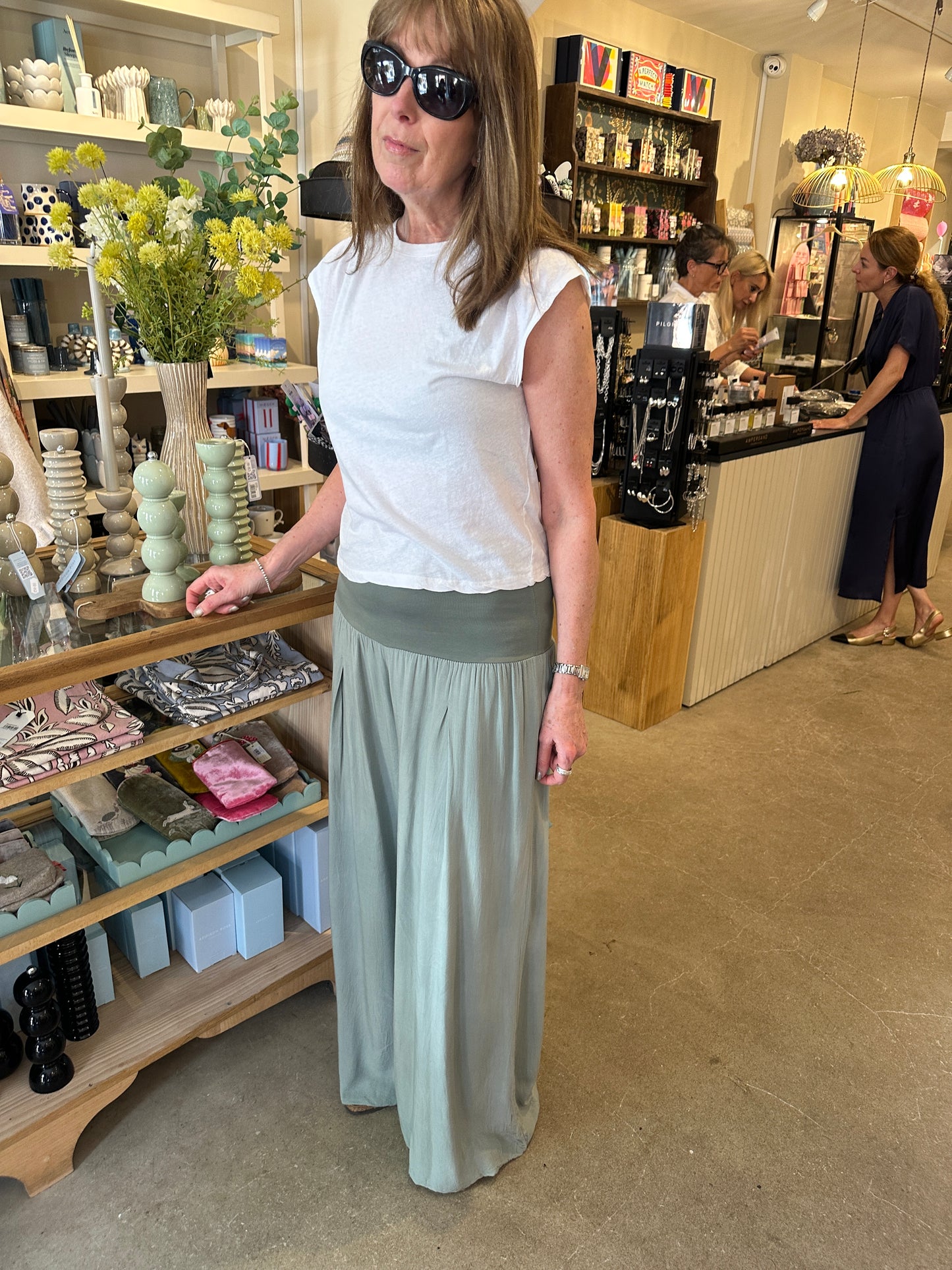 Bea Jersey Waist Soft Wide Leg Palazzo Trousers SAGE