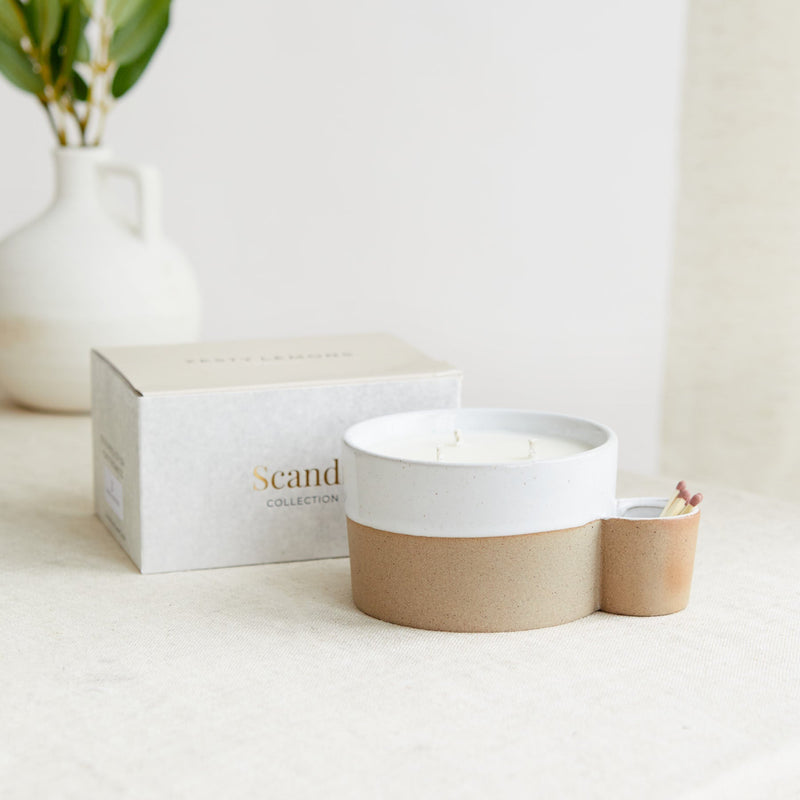Zesty Lemons Scandi: Two Toned Ceramic Candle Holder with Match Holder - Lemon & Lavender