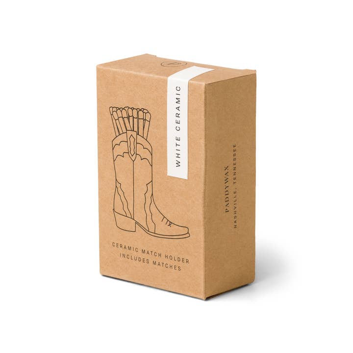 Nashville Ceramic Cowboy Boot Match Holder in White with Matches
