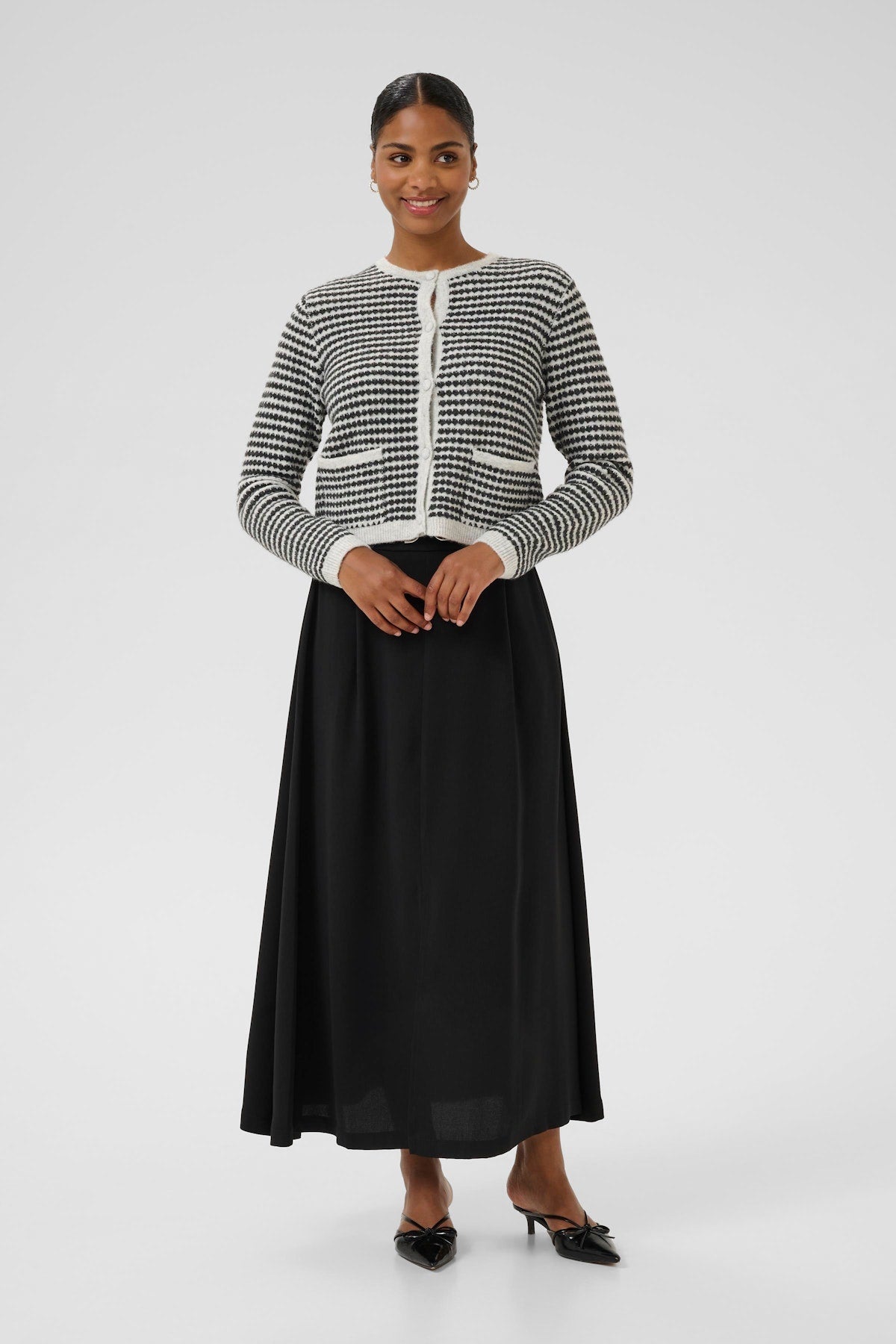 Kaffe Ellery Knit Cardigan in Light Grey Marl & Black Structure