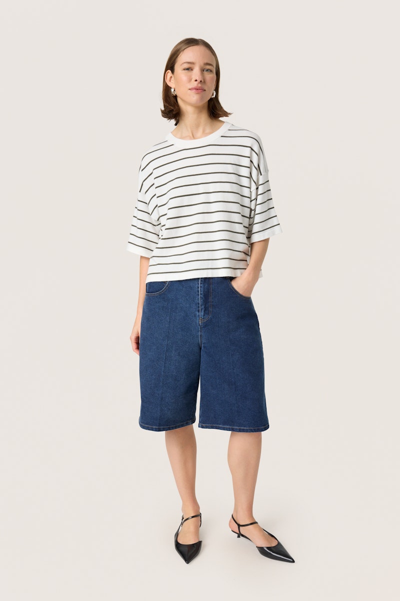 Soaked in Luxury Spina Boxy Pullover in White with Grape Leaf Stripe