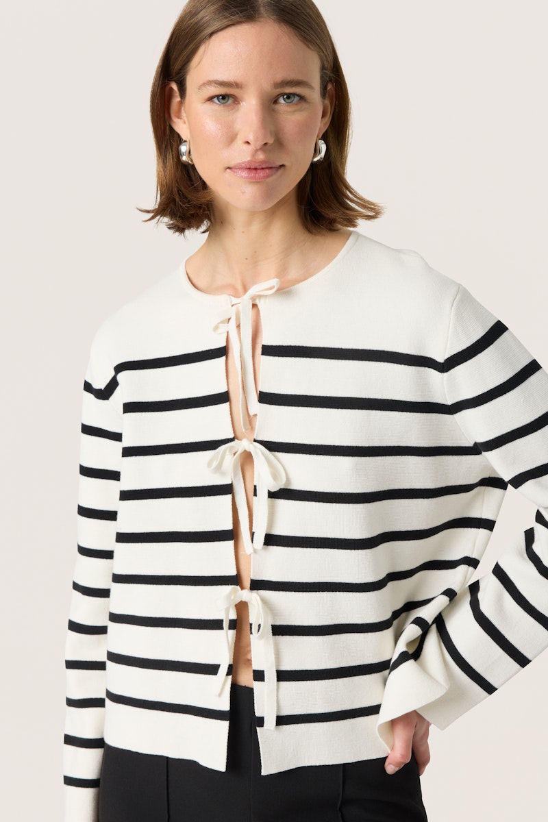Soaked in Luxury Haven Cardigan in white with Black Stripe