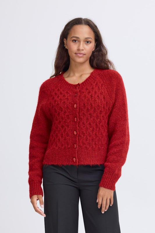ICHI Belablue Cardigan in Red Dahlia