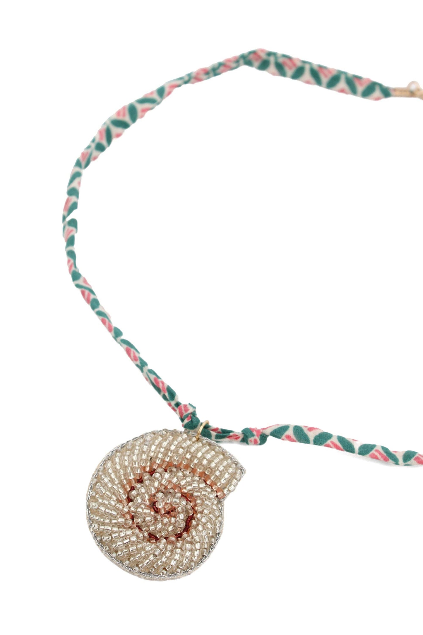 Beaded necklace with shell pendant on a white background