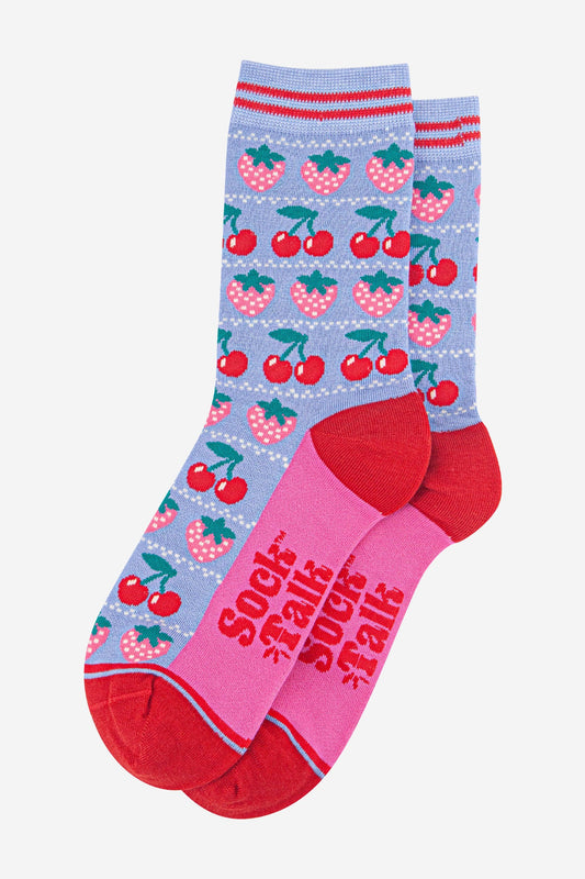 Women's Bamboo Socks - Light Blue/Red, Strawberries