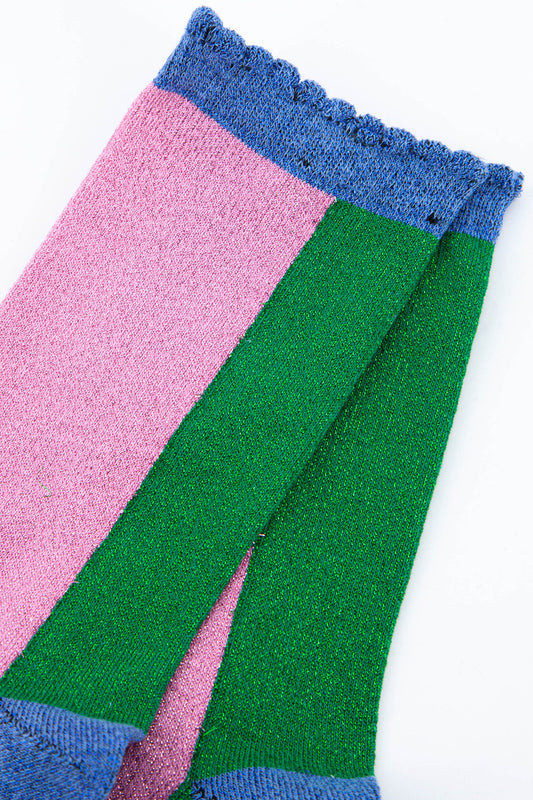 Women's Glitter Socks - Pink/Green, Colour Block