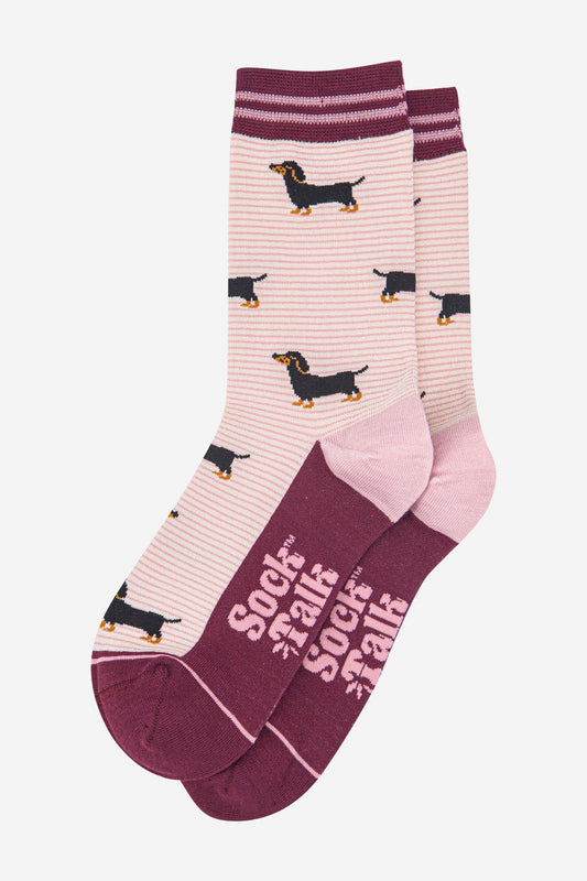 Women's Bamboo Socks - Cream/Berry, Sausage Dog Stripes