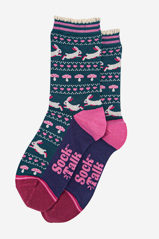 Women's Bamboo Socks - Forest Green/Navy Blue, Rabbit and Toadstools