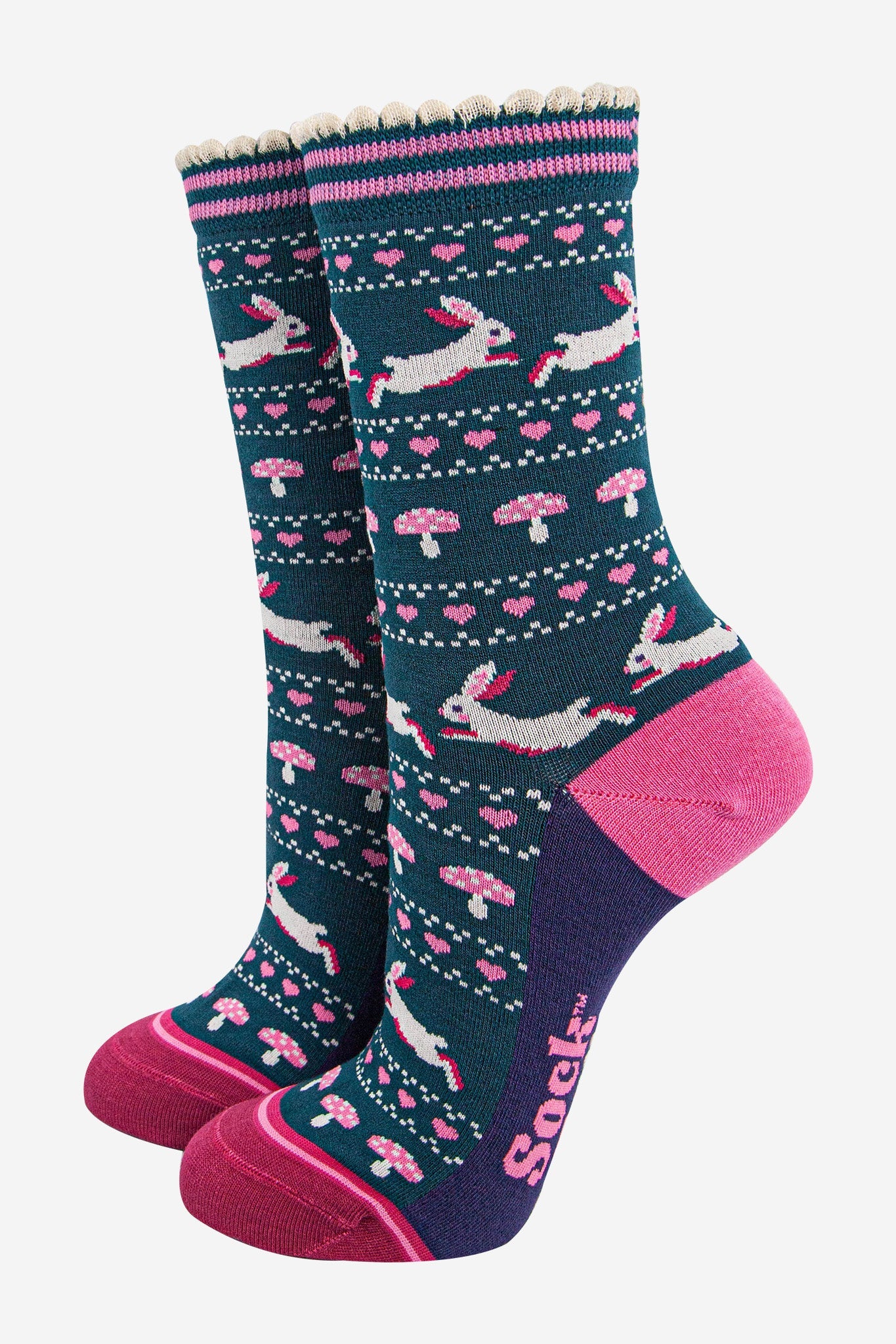 Women's Bamboo Socks - Forest Green/Navy Blue, Rabbit and Toadstools