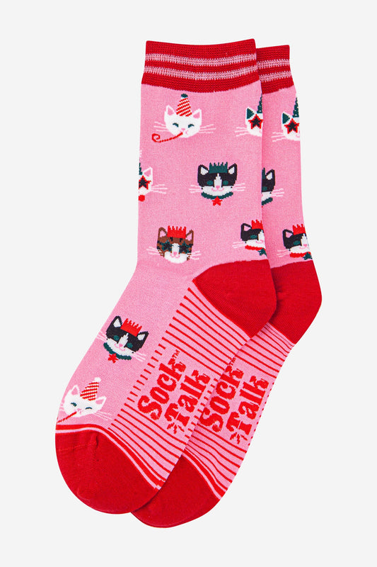 Women's Bamboo Socks - Hot Pink/Red, Party Cats