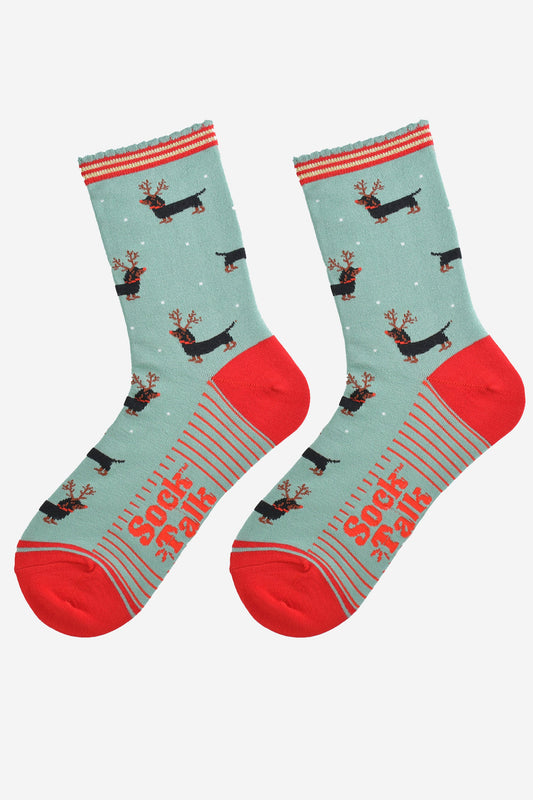 Women's Bamboo Socks - Mint Green/Red, Sausage Dog Reindeer