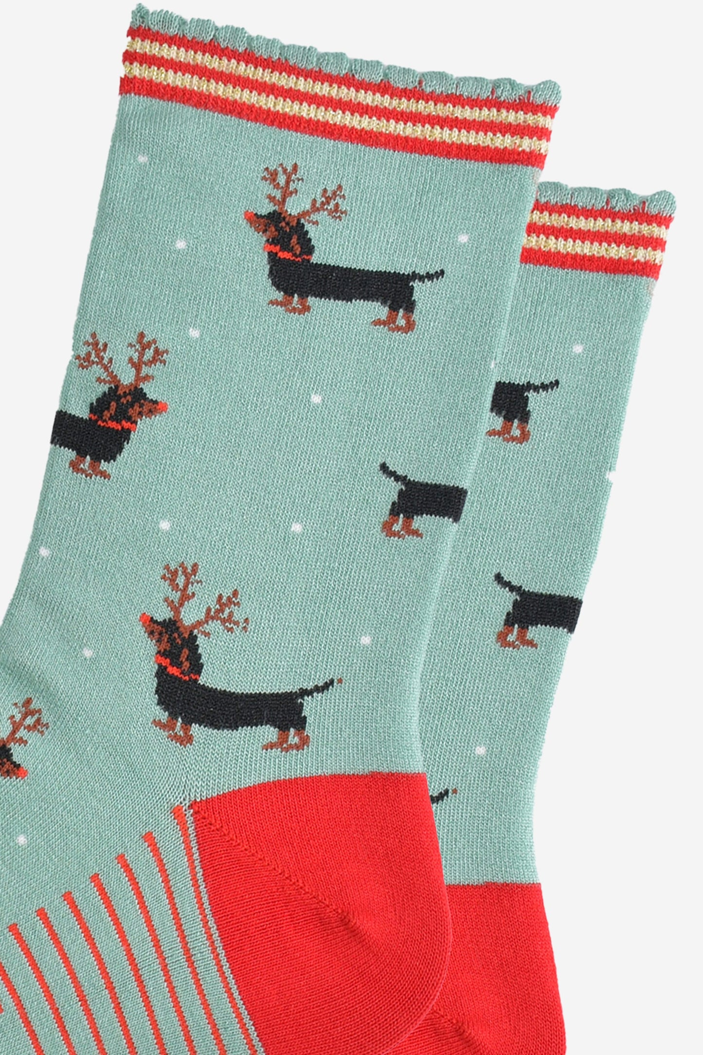 Women's Bamboo Socks - Mint Green/Red, Sausage Dog Reindeer