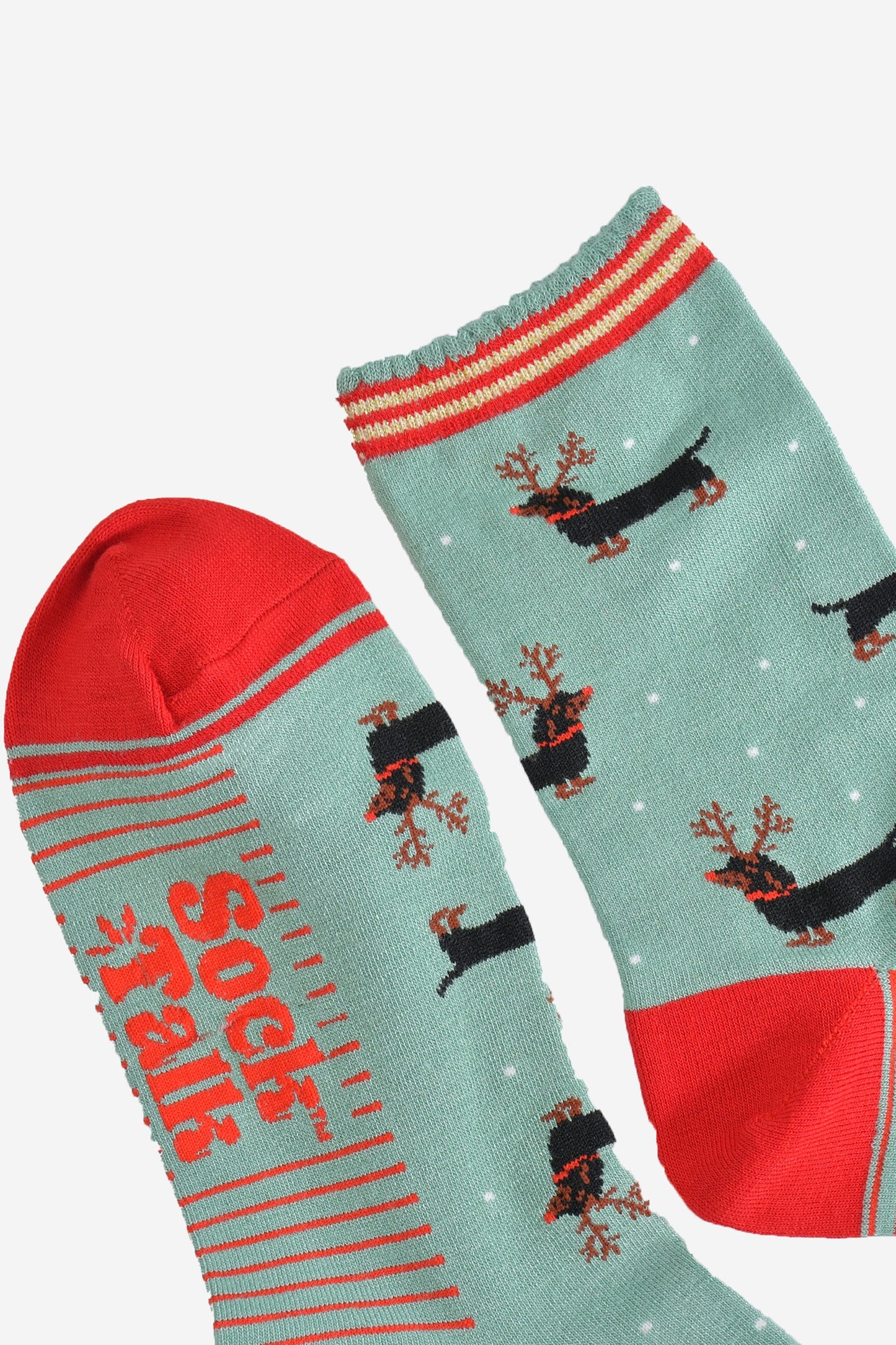 Women's Bamboo Socks - Mint Green/Red, Sausage Dog Reindeer