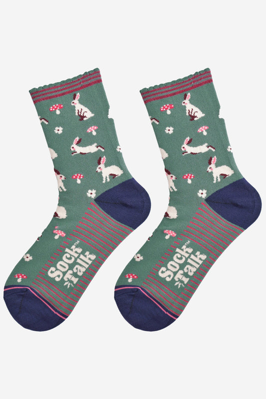 Women's Bamboo Socks - Green/Navy Blue, Rabbit Woodland