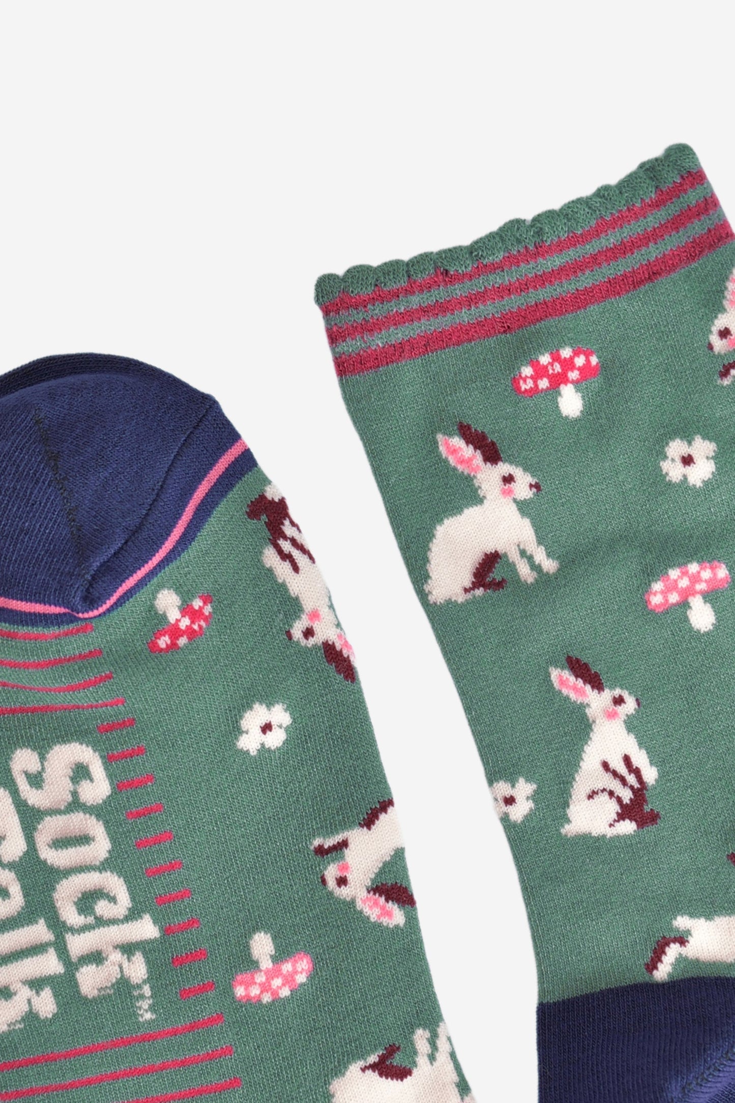 Women's Bamboo Socks - Green/Navy Blue, Rabbit Woodland