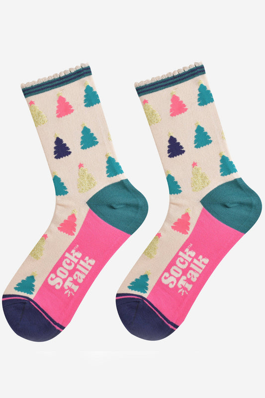 Women's Bamboo Socks - Cream/Pink, Christmas Tree