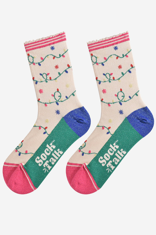 Women's Bamboo Socks - Cream/Pink, Party Lights