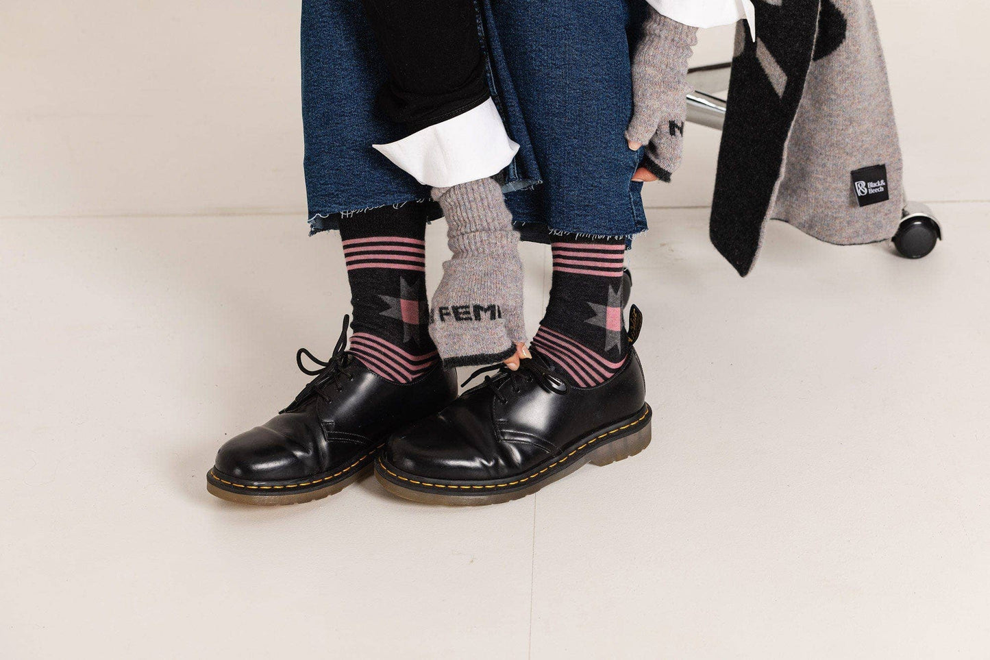 Black & Beech - Patchwork Folk Socks: Charcoal & Pink