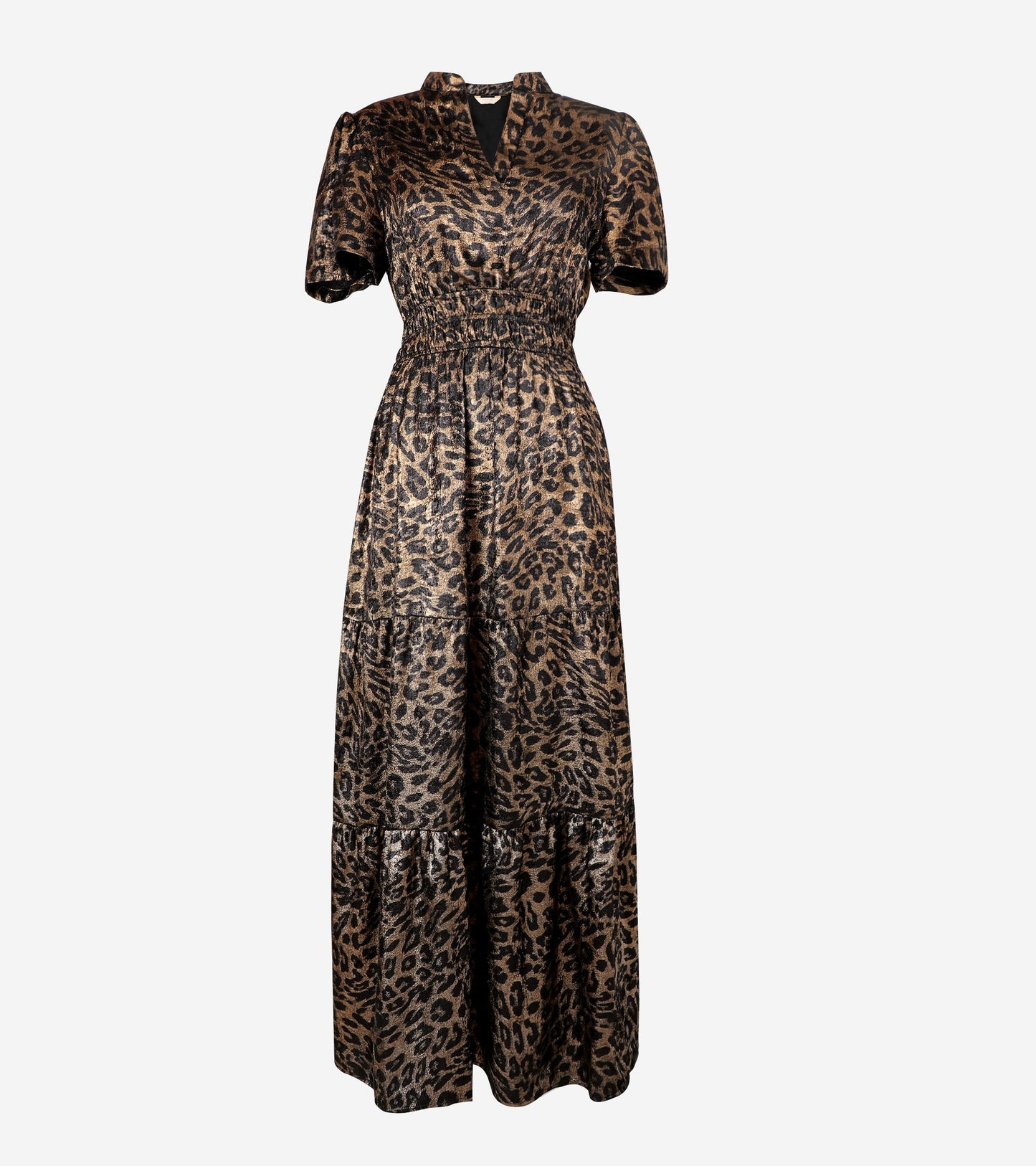 Roxy Tiered Maxi Dress- Gold, Metallic Leopard