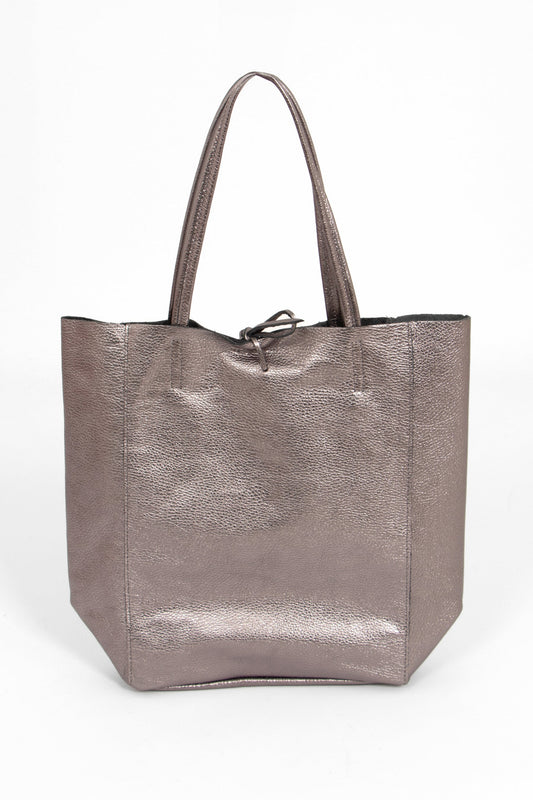 Heather Italian Leather Tote Bag - Pewter, Metallic