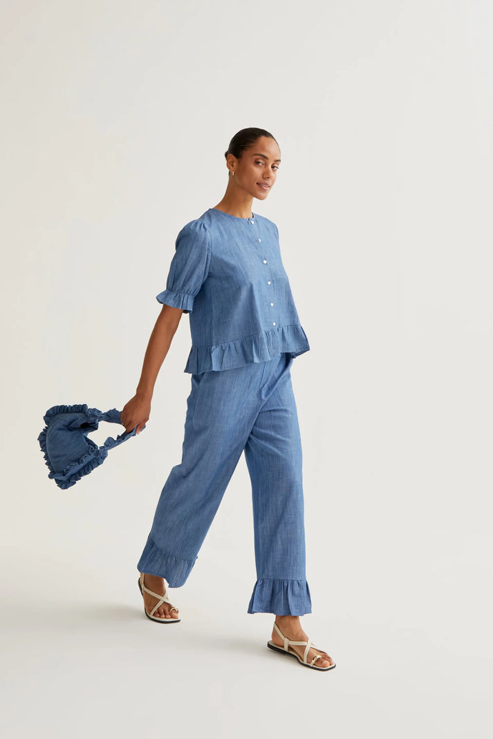 Compania Fantastica Ruffle Trousers in Blue Chambray