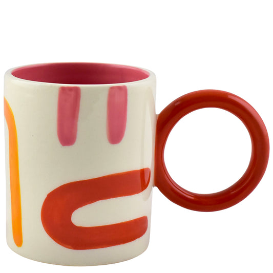 Que Rico mug with circular handle and fun pattern