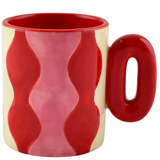 Que Rico Maroon Madness Lima Mug, with a bright and fun red and pink bold pattern