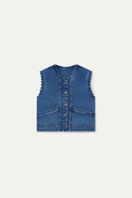 Compania Fantastica Blue Denim Vest with Wave-Edge Detail