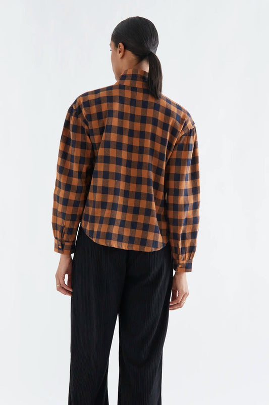 Compania Fantastica Cotton Lace-up Shirt in Brown and Navy Plaid