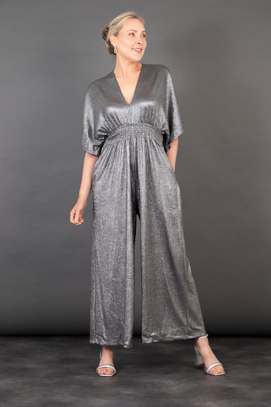 Scarlett V-Neck Jumpsuit - Silver, Pleated