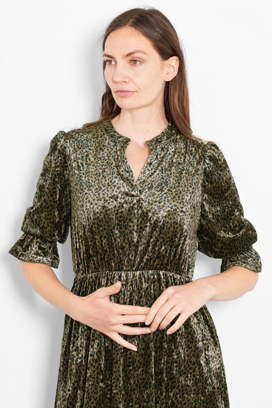 Pandora V-Neck Midaxi Dress- Khaki, Velvet Leopard