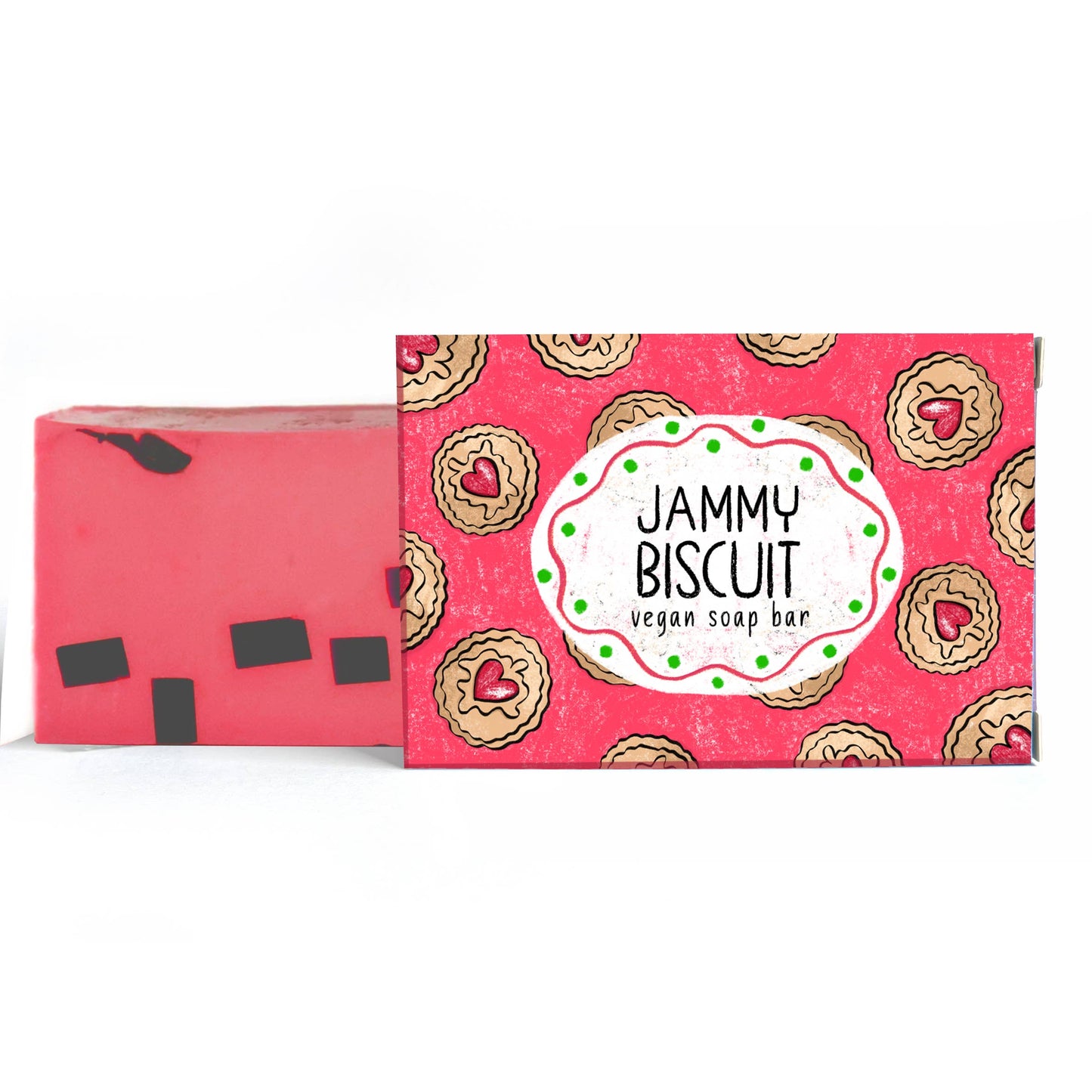 Vegan soap bar with 'Jammy Biscuit' packaging on a white background