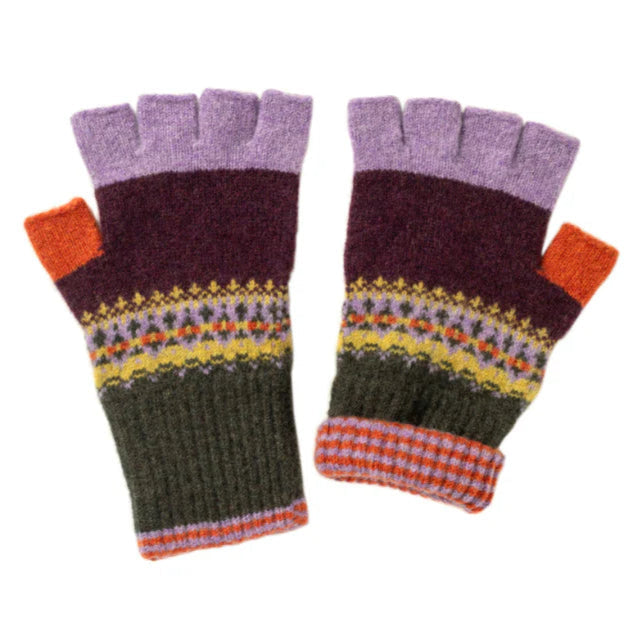 Pair of colorful fingerless gloves with a patterned cuff on a white background