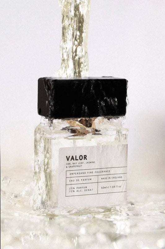 Ampersand VALOR Fine fragrance 50ml. Perfume bottle labeled 'Valor' with a black cap on a light background