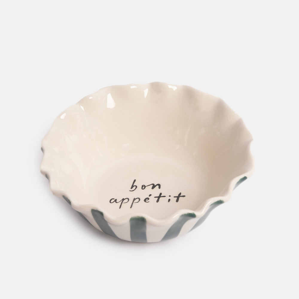 Caroline Gardner Teal Stripe Scallop Edge 'Bon Appetit' Cereal Bowl