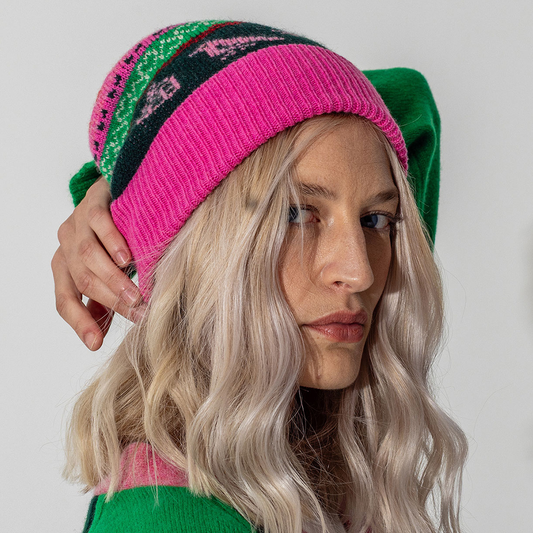 Black & Beech Fairisle Beanie in Bubblegum