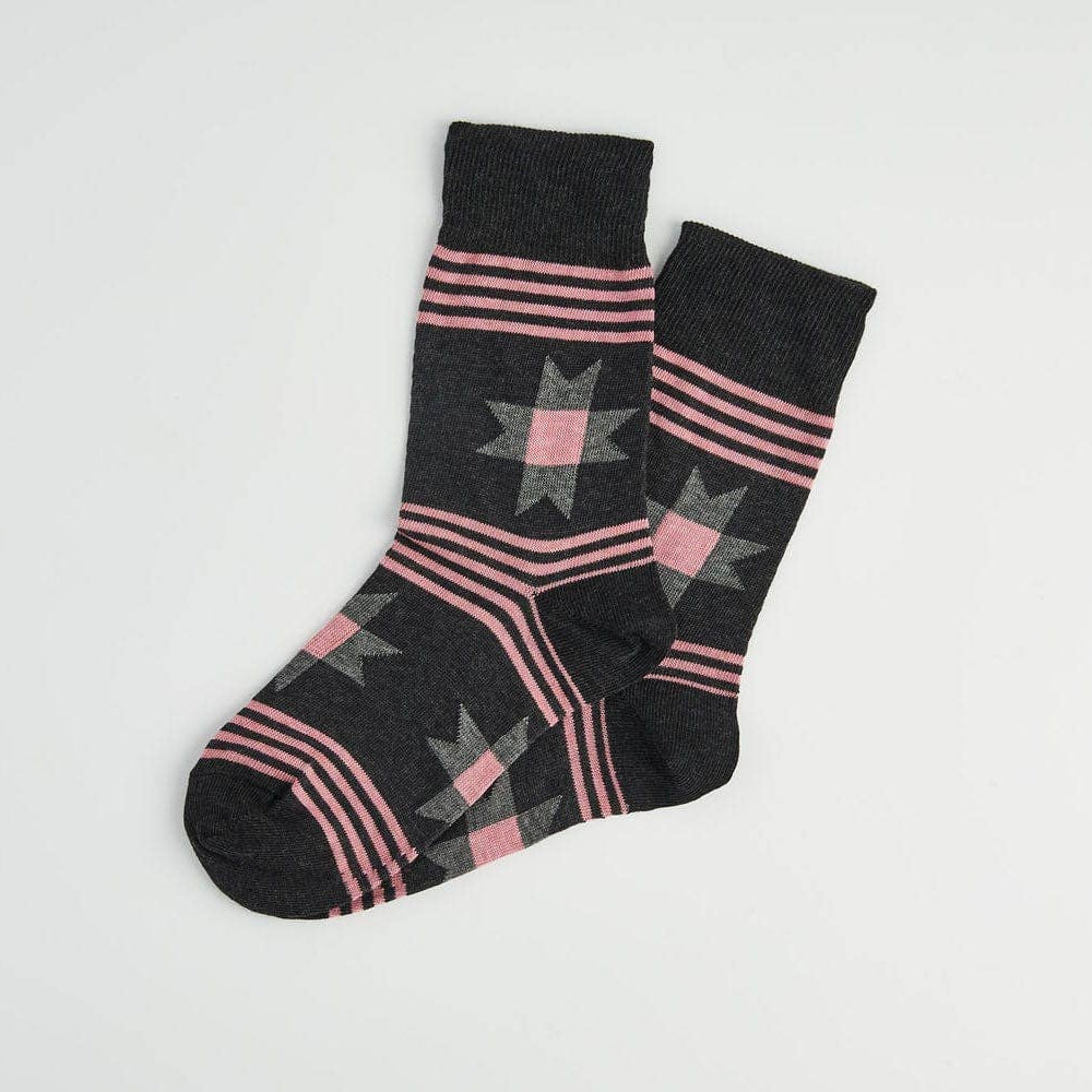 Black & Beech - Patchwork Folk Socks: Charcoal & Pink