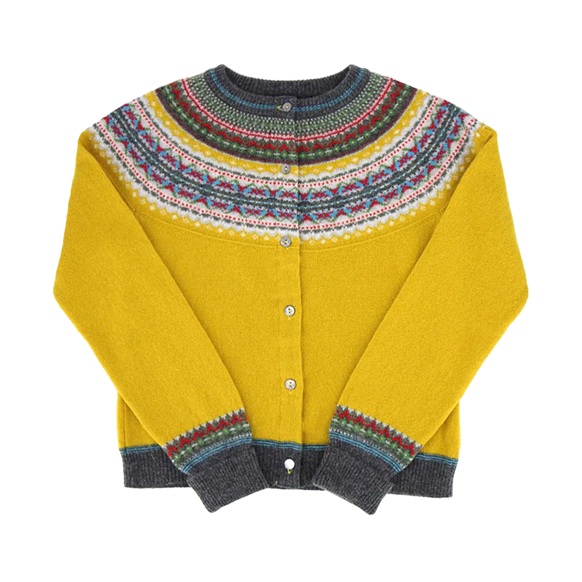 Yellow sweater with patterned collar and cuffs on a white background