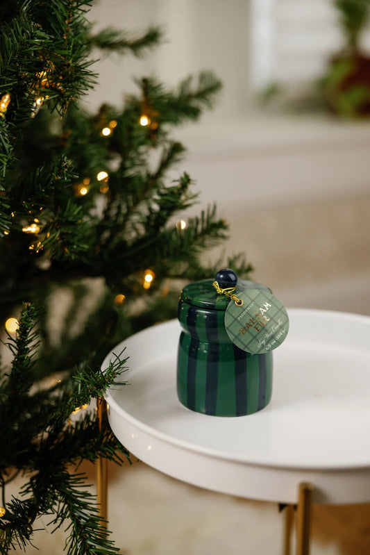 Paddywax Cabana 6.5oz/184g Green/Navy Striped Ceramic Candle - Balsam Fir