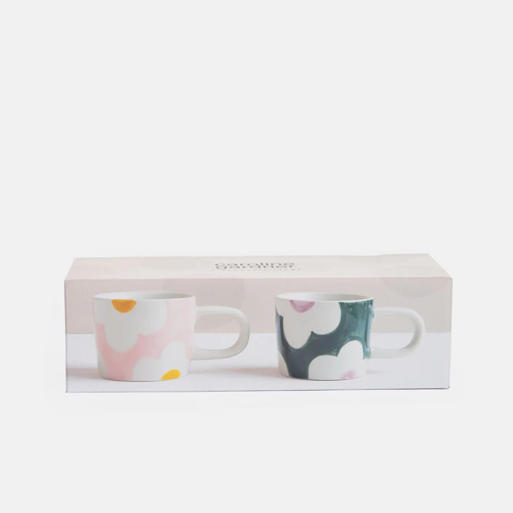 Caroline Gardner Pink & Teal Flower Set of 2 Espresso Cups