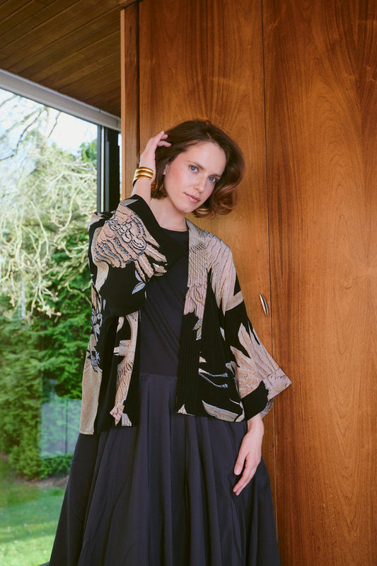 One Hundred Stars Crane Black Crepe Kimono
