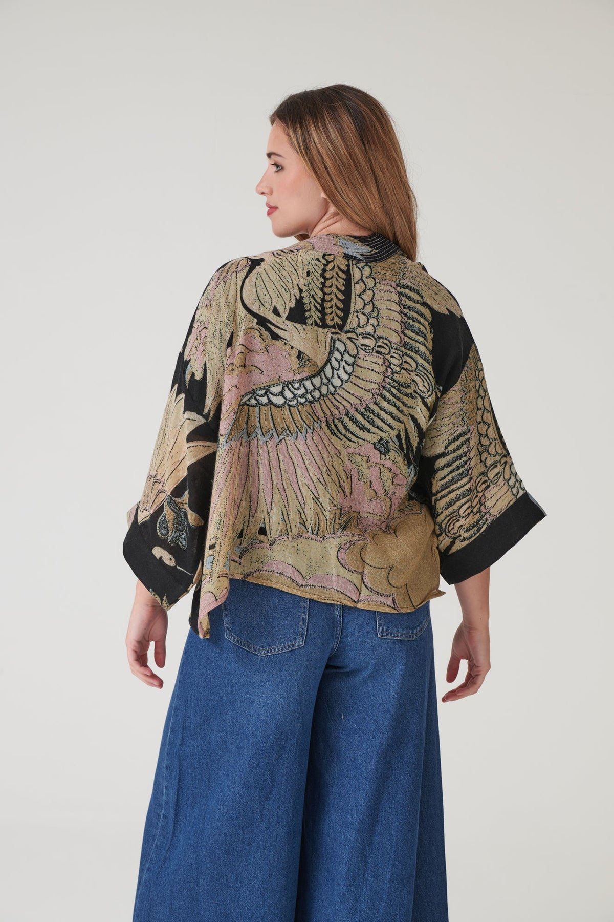 One Hundred Stars Crane Black Wool Kimono